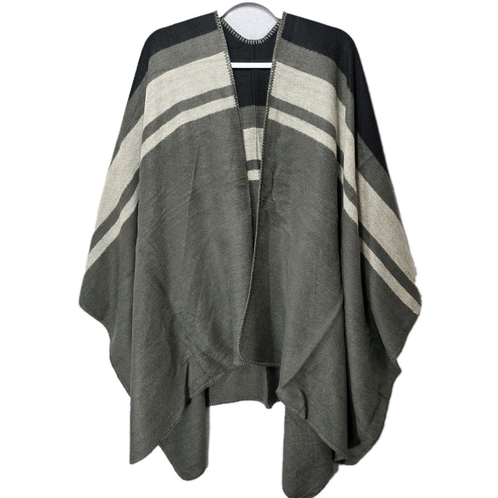 Womens Poncho Sweater One Size Open Front Grey Black Colorblock‎ Oversized Heavy